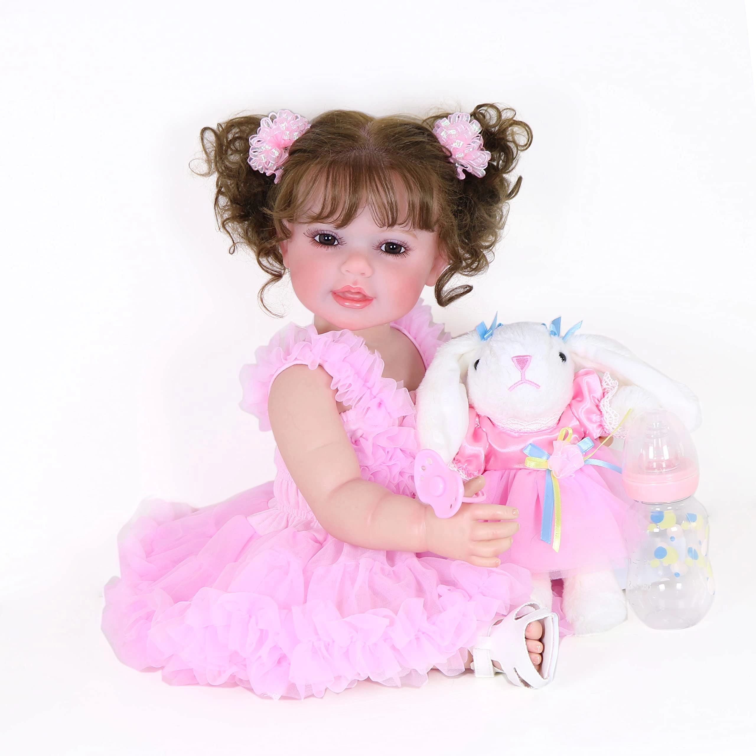 WAWA-HAOKEAI Reborn Toddler Doll - 22 inch Soft full vinyl Warm Medium skin tone Rooted Hair Pink princess outfit Ages 14+