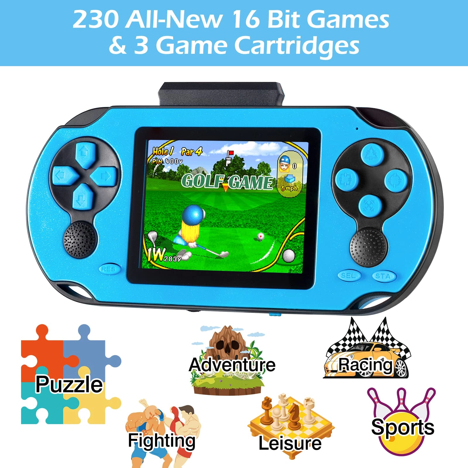 16 Bit Handheld Game - 3.0'' Large Screen 230 Games USB Rechargeable Battery