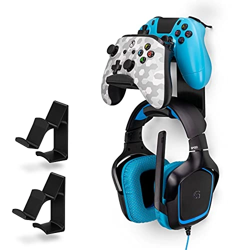 UberAtlas Dual Game Controller & Headphone Stand Wall Mount Holder - Two Pack Black