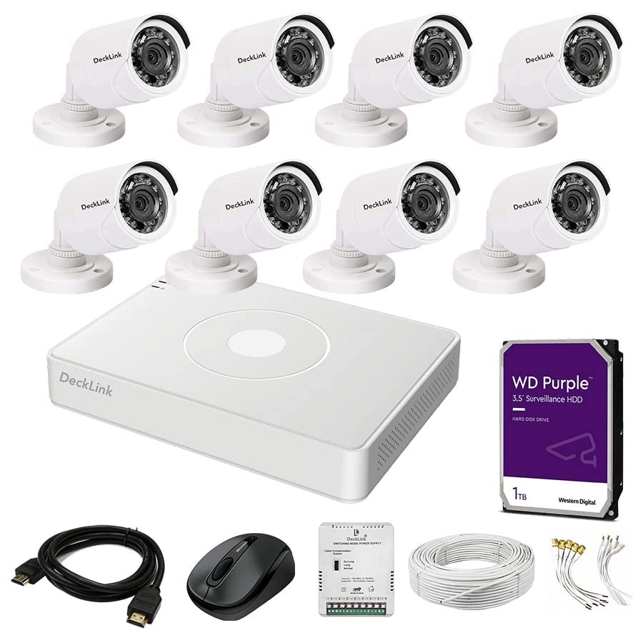 DeckLink CCTV Camera + DVR + Survillance Hardisk + Wire Role - 4 Dome + 4 Bullet 8 channels 1920 X 1080 pixels