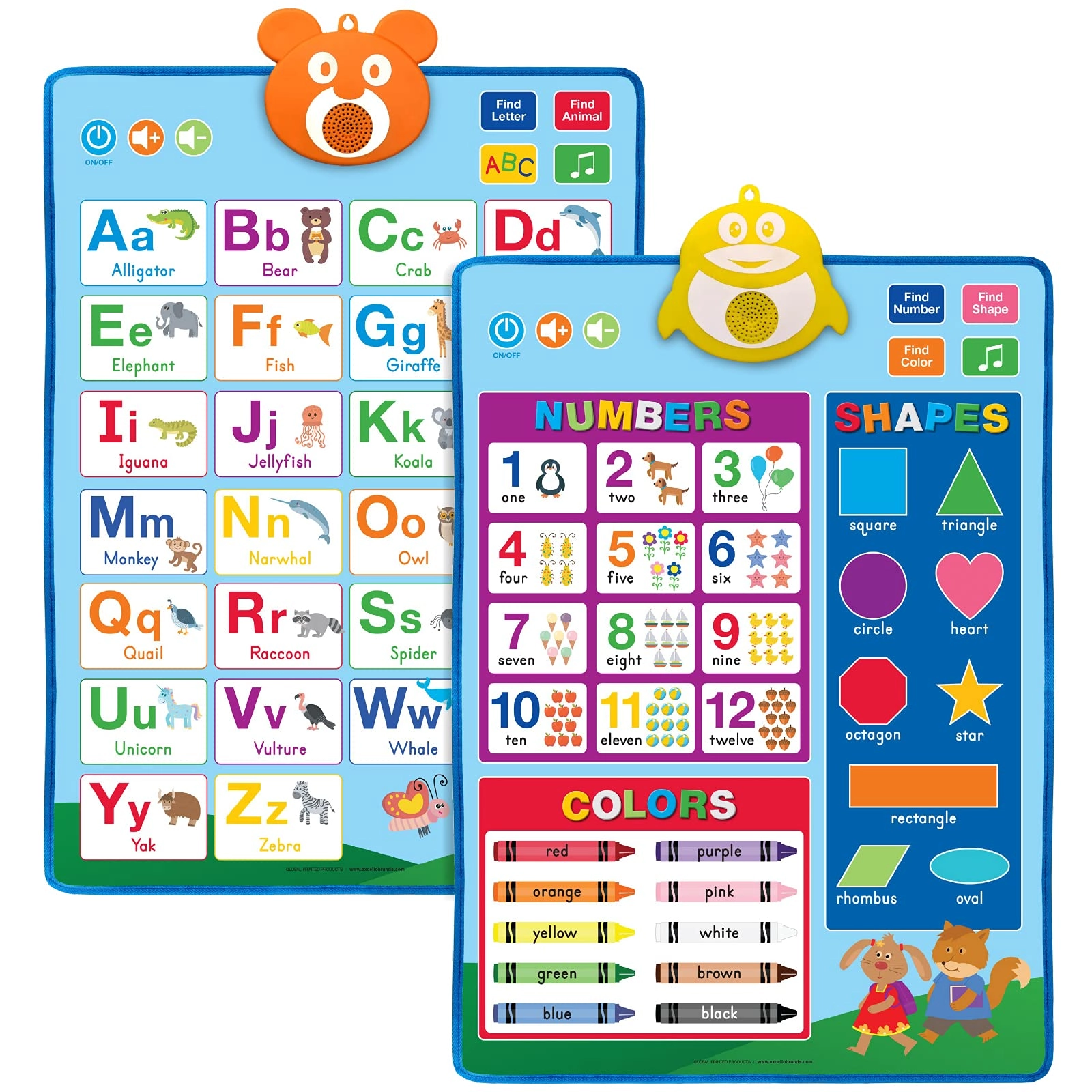 Excello Global Products Letters and Animals Poster - 2 games + Numbers and Colors Poster - 3 games