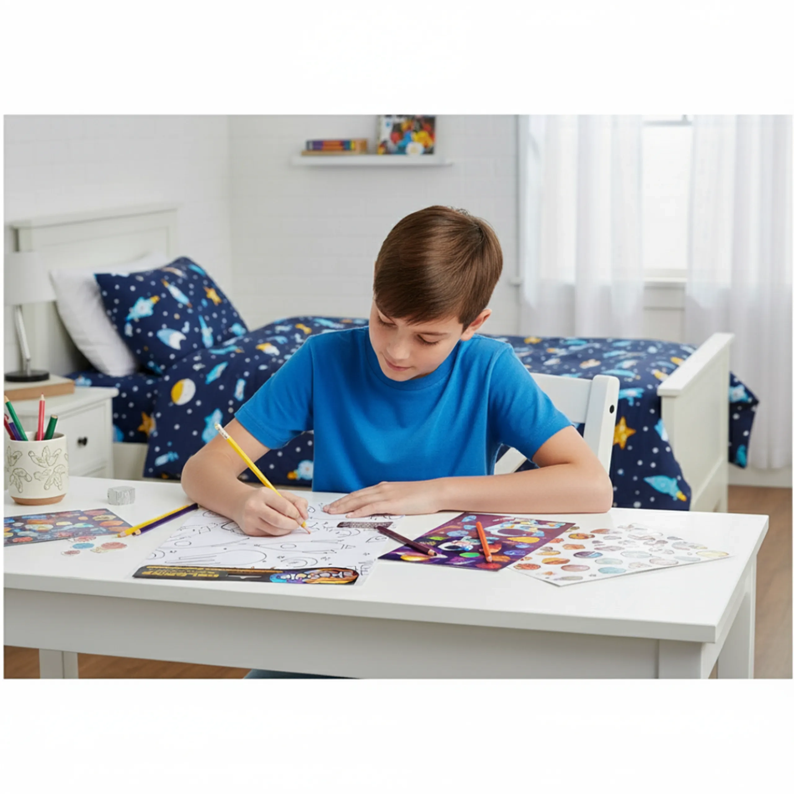 Coloring & Sticker Sheets - 6 Color Pencils