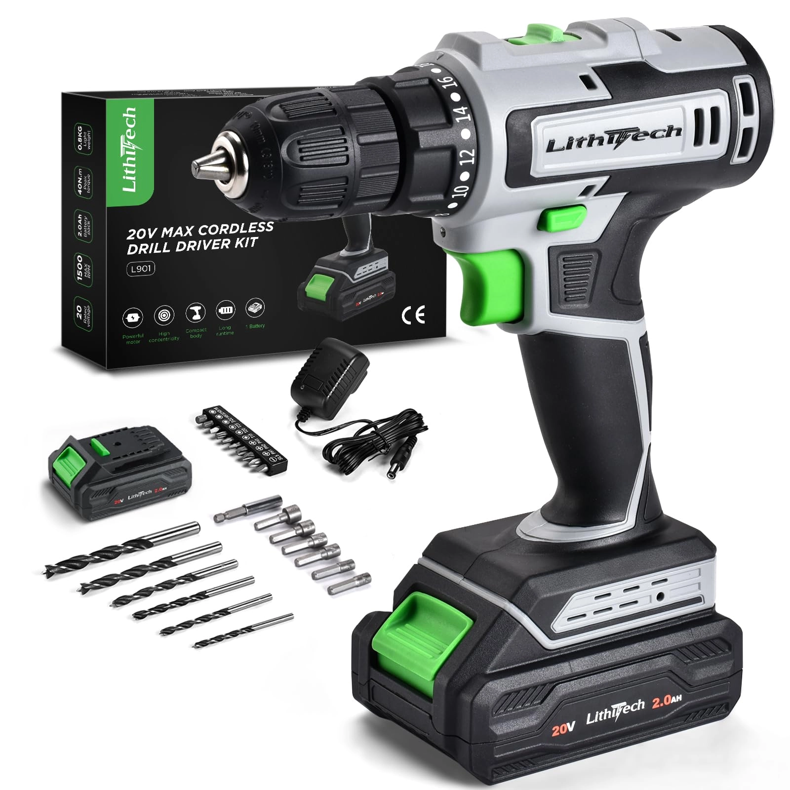 LITHITECH Cordless Drill - 2Ah 20V