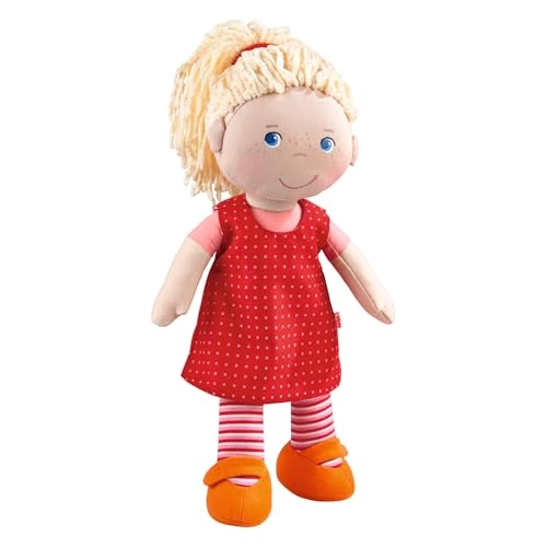 HABA Annelie Soft Baby Doll - 12" Blonde Hair Removable Red Dress Ages 18 Months+