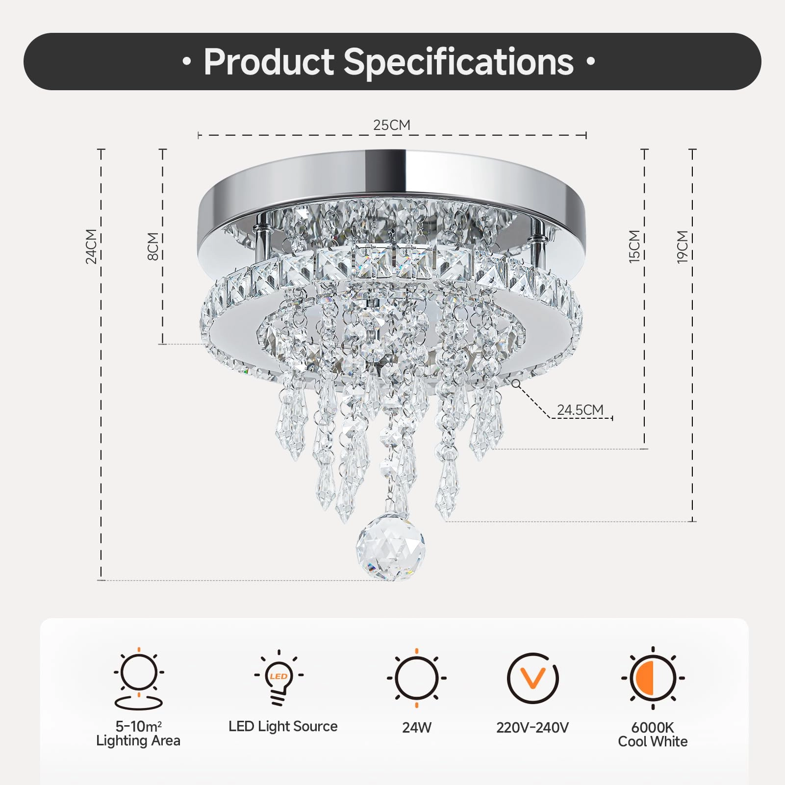 Crystal Ceiling Light - 3000k-6000k Dimmable