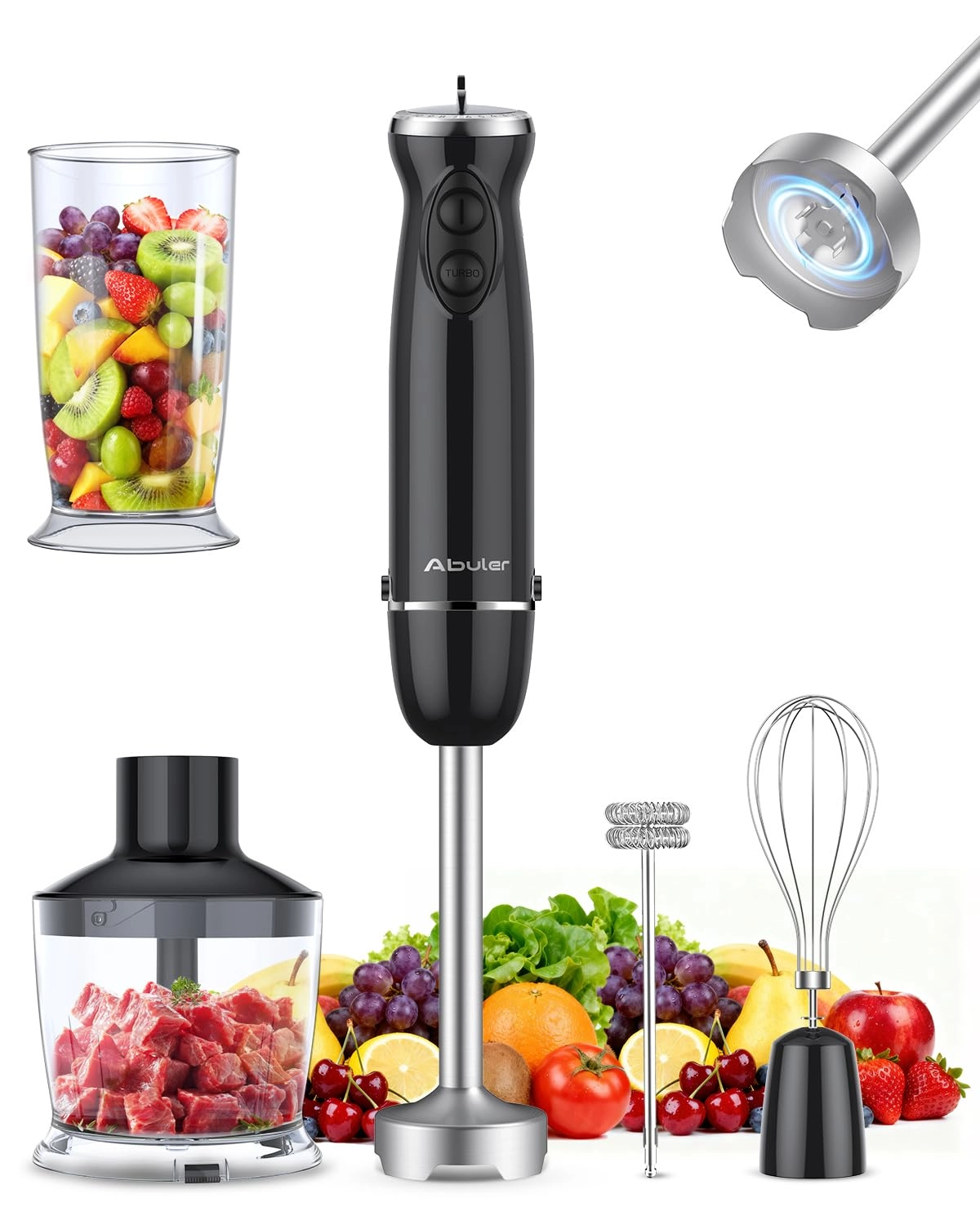 Abuler Immersion Blender Handheld 5 in 1 - 12 Speed Chopper & Whisk