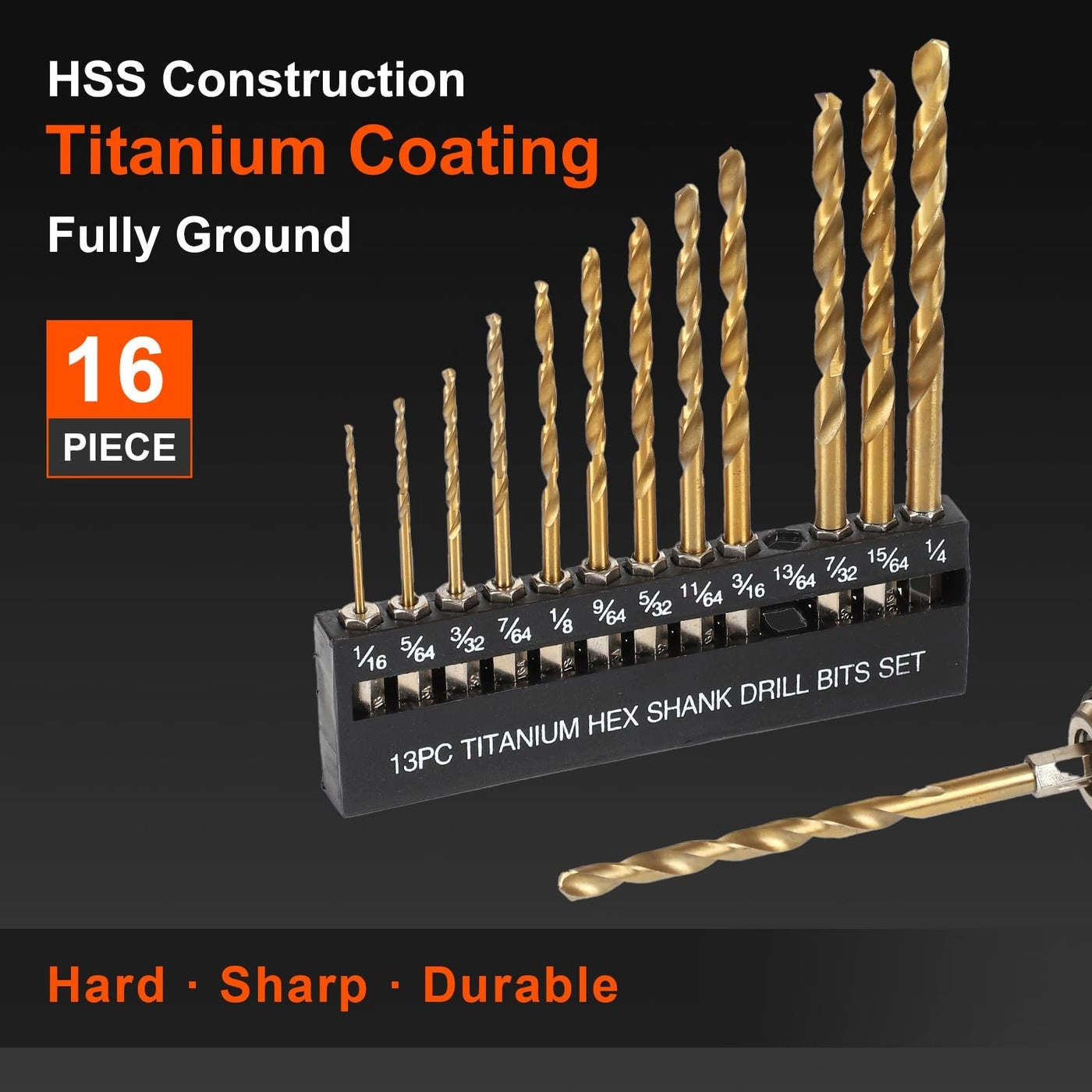 Titanium Twist Drill Bit Set - Titanium 16 Pcs 1/16"-1/4"