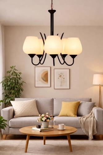 711 SIX LIGHT CHANDELIER - Black and Frosted Metal Glass