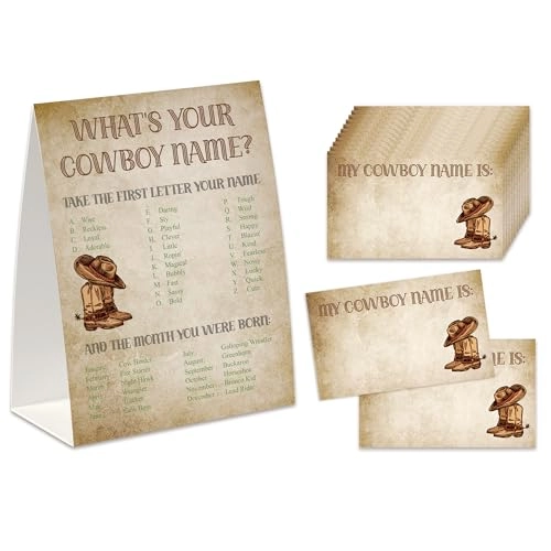 What’s Your Cowboy Name Game - 30 nametag stickers 1 standing sign