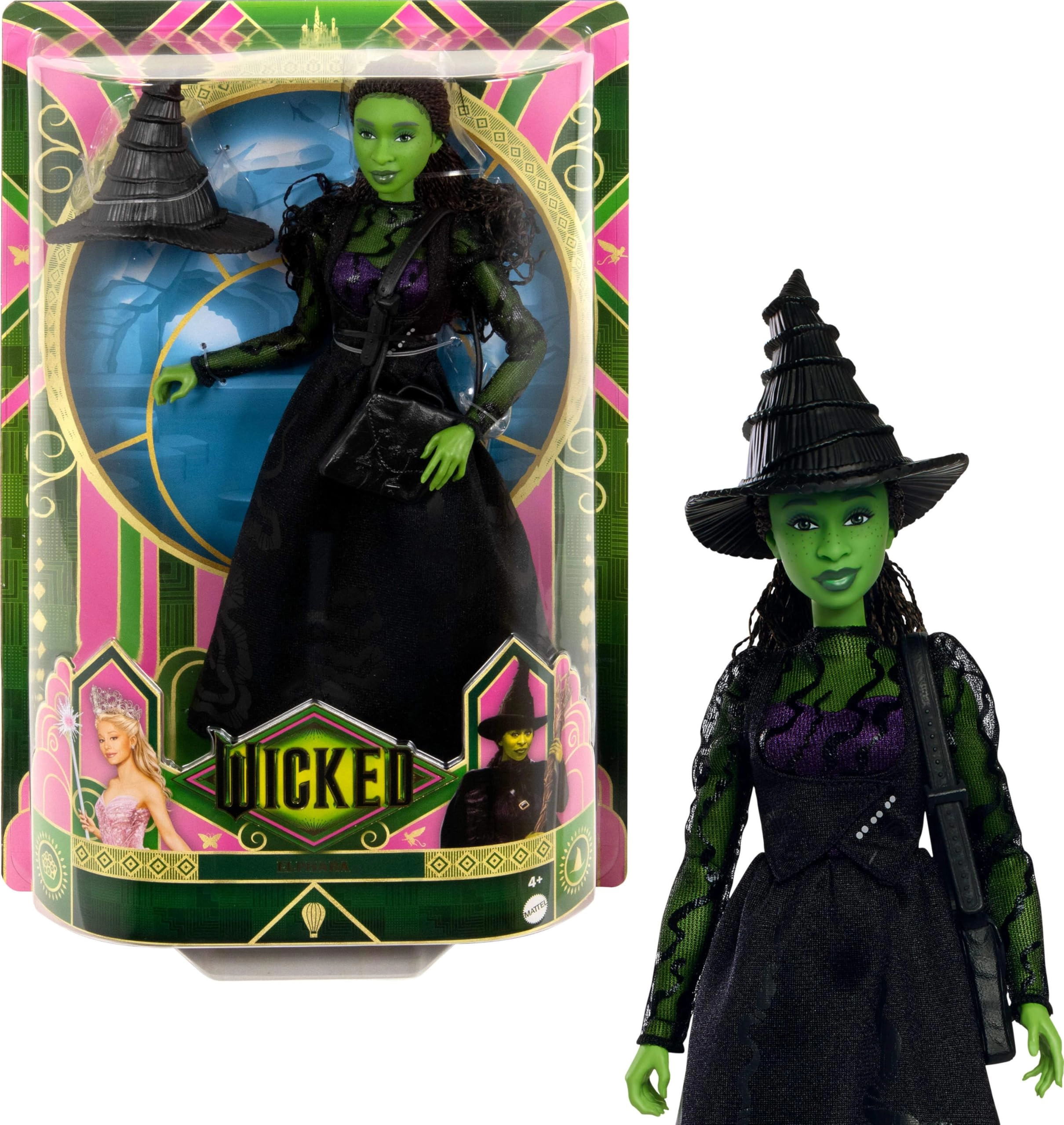 Elphaba Fashion Doll - Green skin Black braided hair Sheer black dress