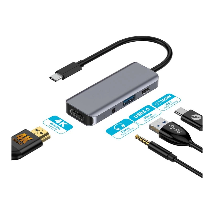 Porodo 4-in-1 HDMI 4K USB-C Hub - 100W PD 5Gbps