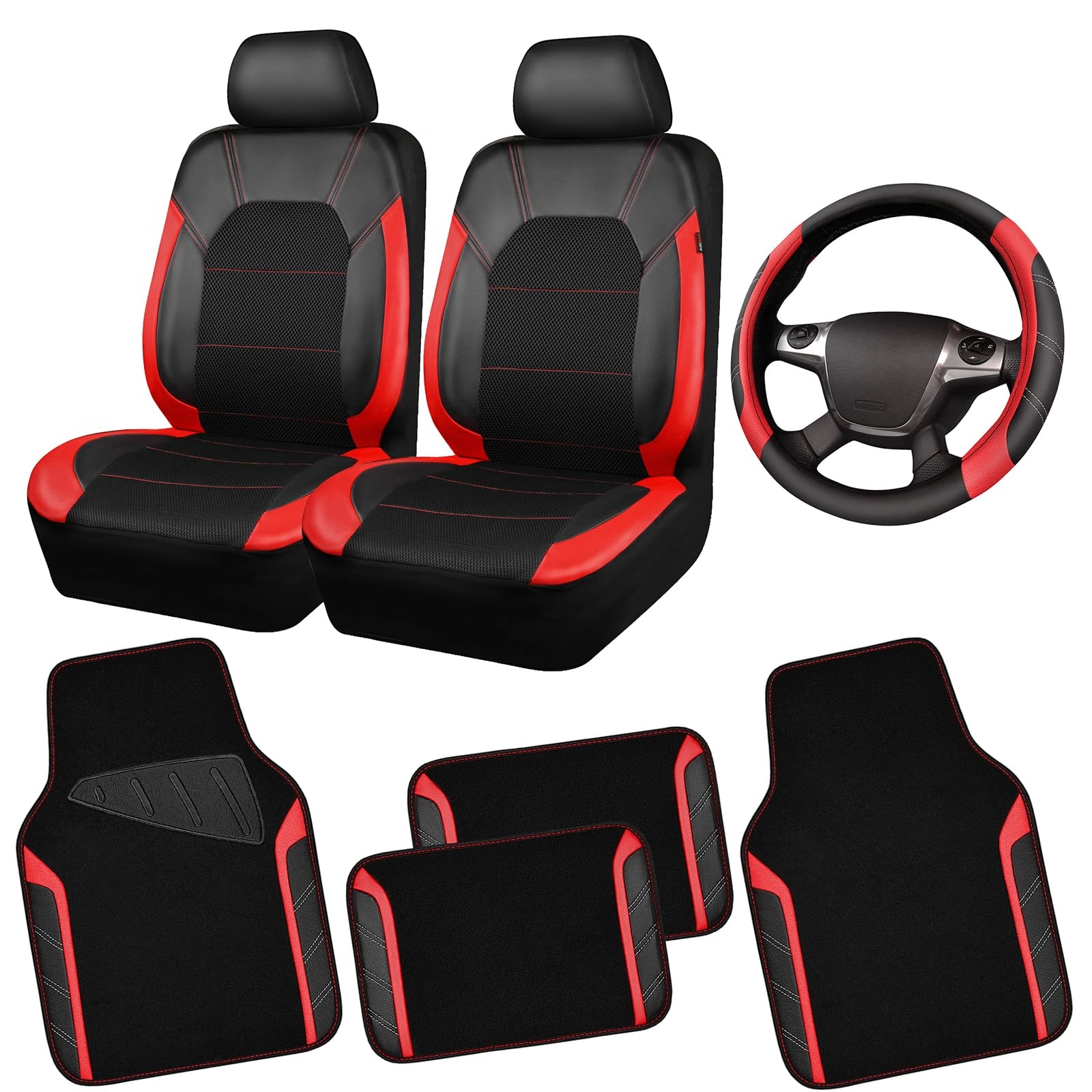 LJ Car Seat Covers - Air Mesh Leather + Car Floor Mats - Waterproof + Steering Wheel Cover - Sporty