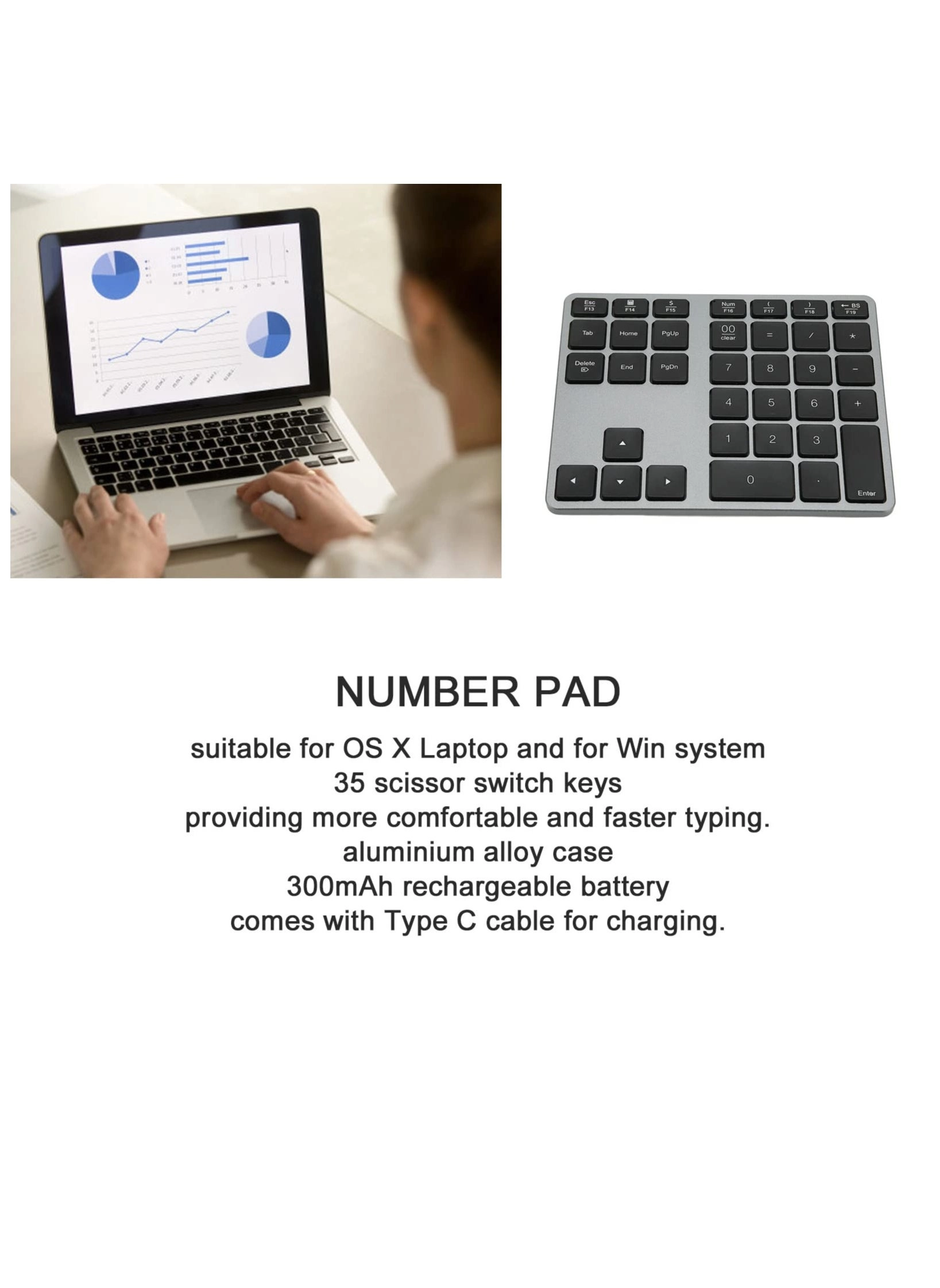 Bluetooth Extended Numeric Keypad - 34-Key Rechargeable Space Gray