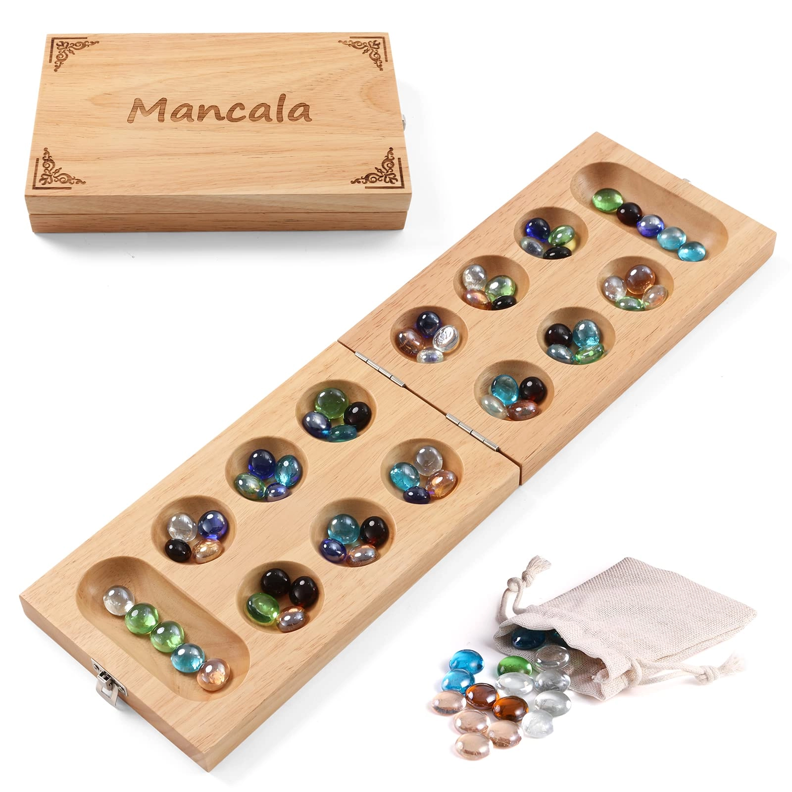 Ceebyfa Mancala - Folding Rubber Wood Board 58 glass stones