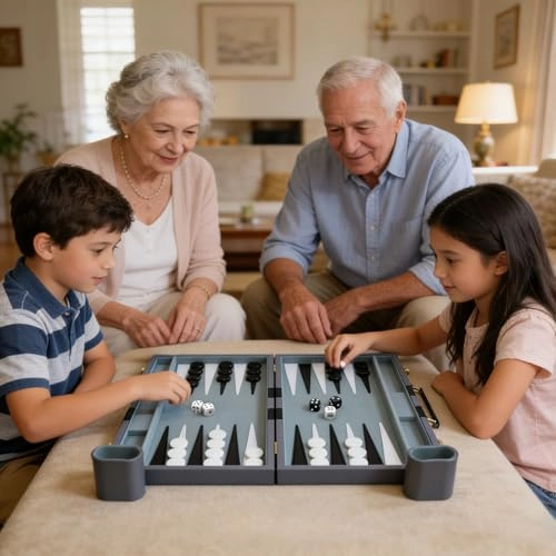 Backgammon Set - Premium Leather Case Blue Grey