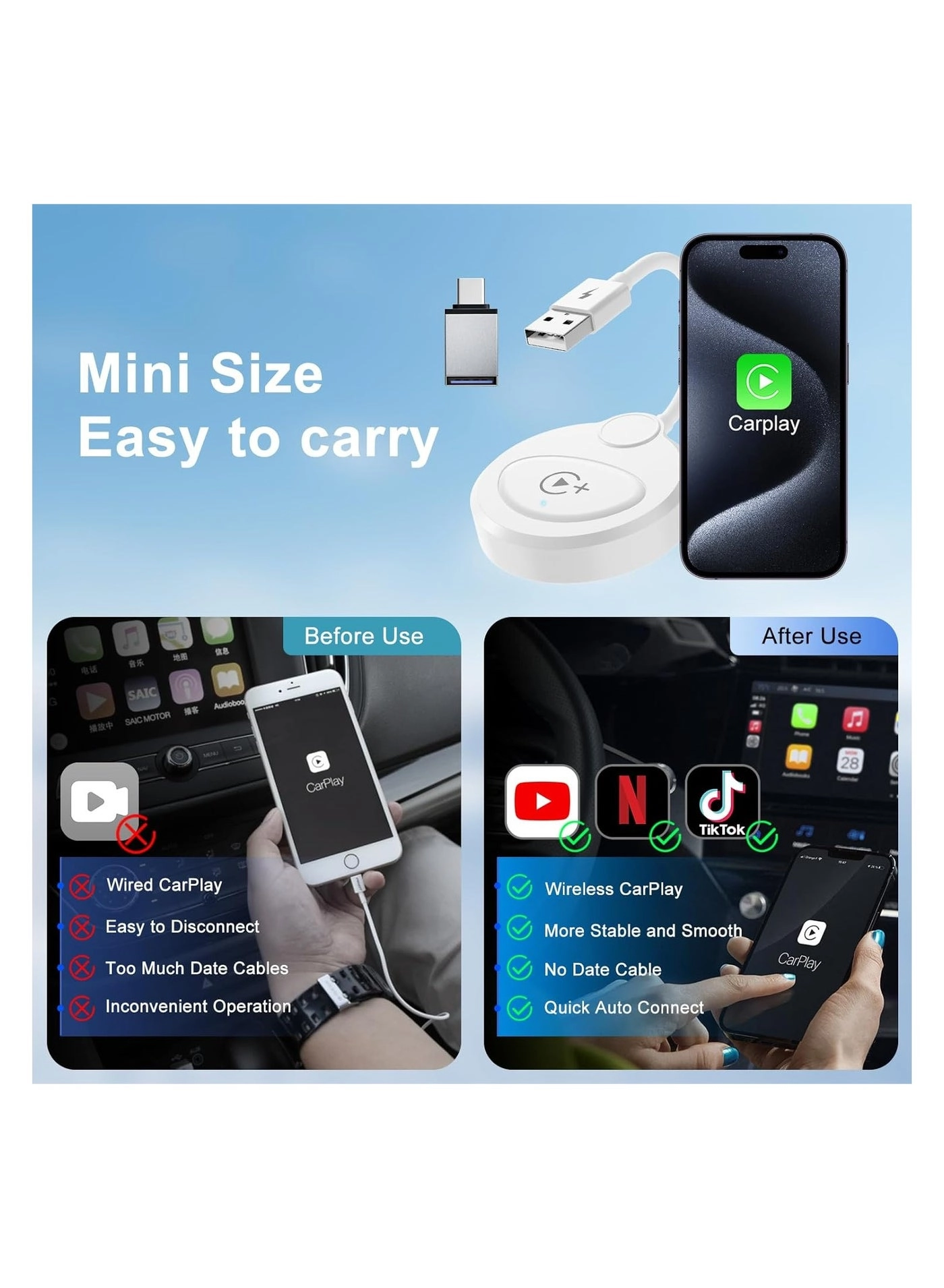 Wireless Carplay Adapter & Android Auto Adapter - 2 in-1 Plug & Play Bluetooth