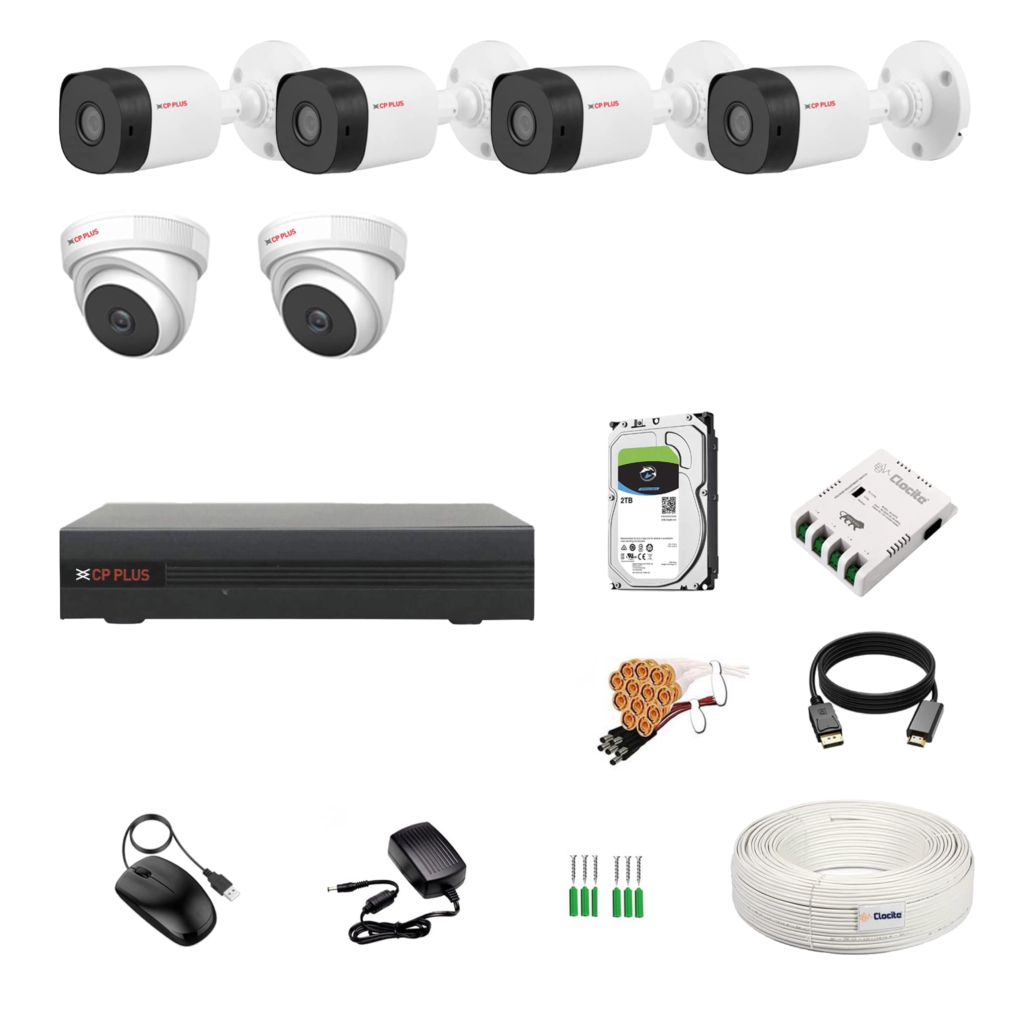 CP Plus 8 Channel DVR + 5MP Dome & Bullet Cameras + 2TB HDD + Copper Cable Roll + 8 CH Power Supply + BNC & DC Combo Kit