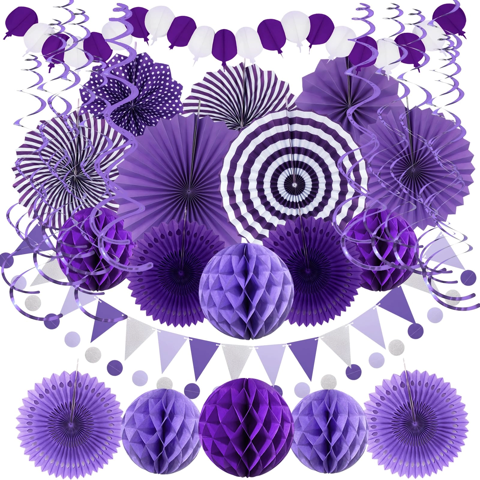 Paper Fan Honeycomb Ball Garland - 6 x Hanging Paper Fan 6 x Paper Honeycomb Ball 4 x Paper Hollow Fan 1 x Paper Balloon Garland 1 x Circle Paper Garland 10 x Hanging Swirl 1 x Triangular Pennant Anniversary
