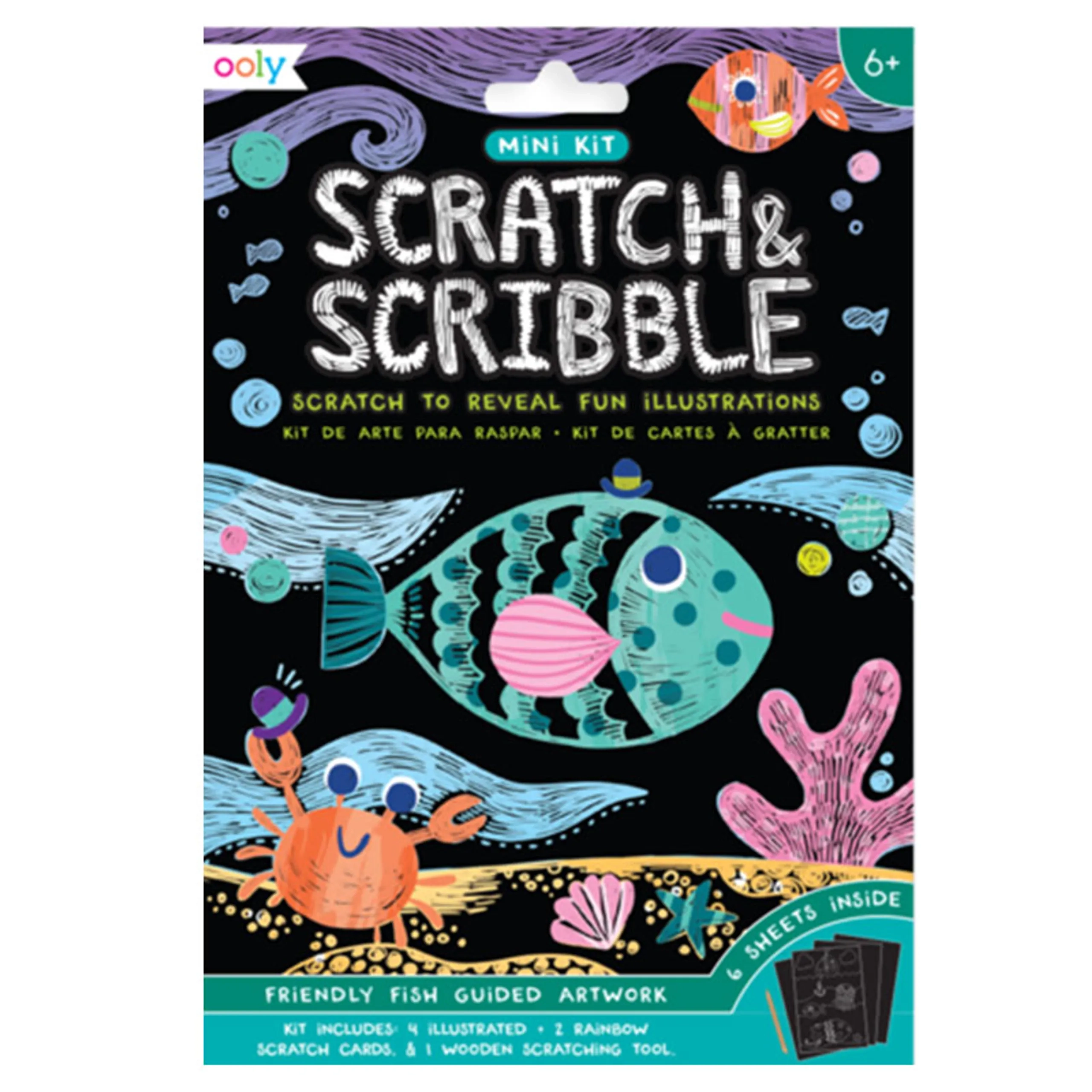 OOLY Mini Scratch & Scribble Art Kit - 4 illustrated scratch cards (4 x 6 inches) 2 rainbow DIY blank scratch cards (4 x 6 inches) 1 wooden stylus