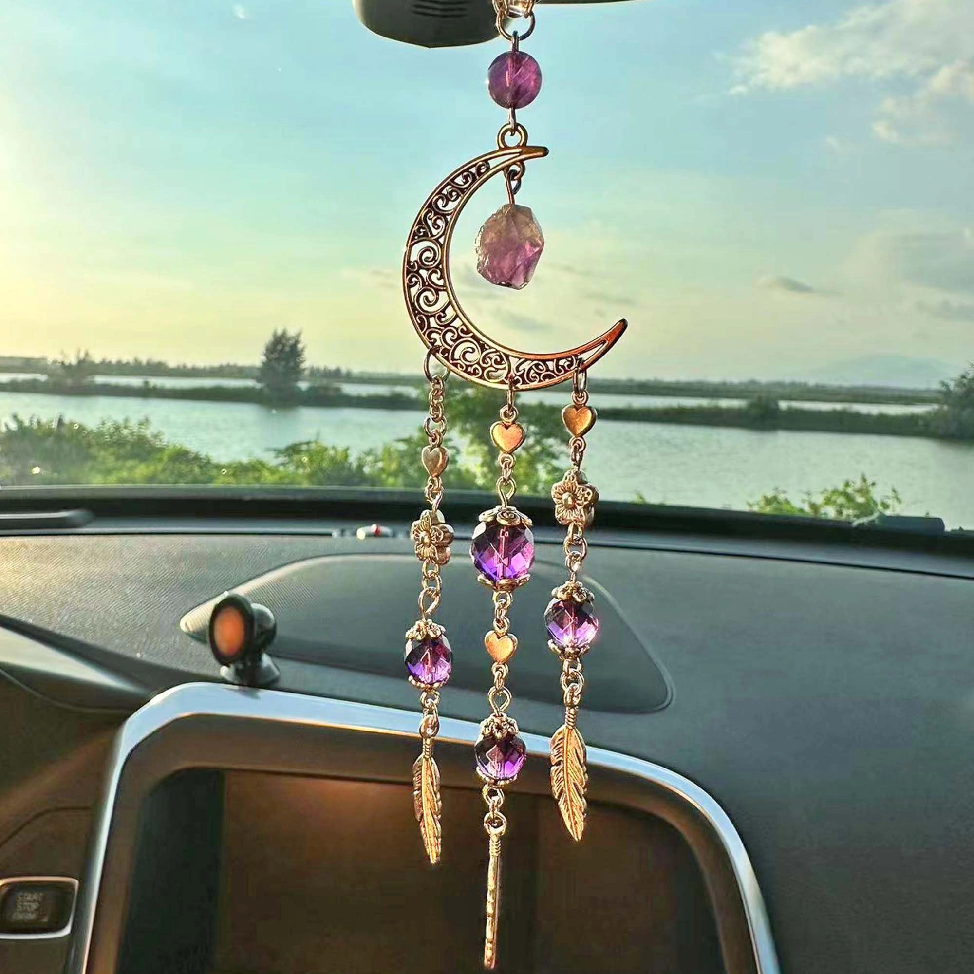 kellykessa Hanging Car Charm - Faceted Amethyst Moon Handmade