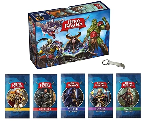 Hero Realms Base Game + Wizard Hero Deck + Warrior Hero Deck + Archer Hero Deck + Thief Hero Deck + Cleric Hero Deck + Bottle Opener (French)