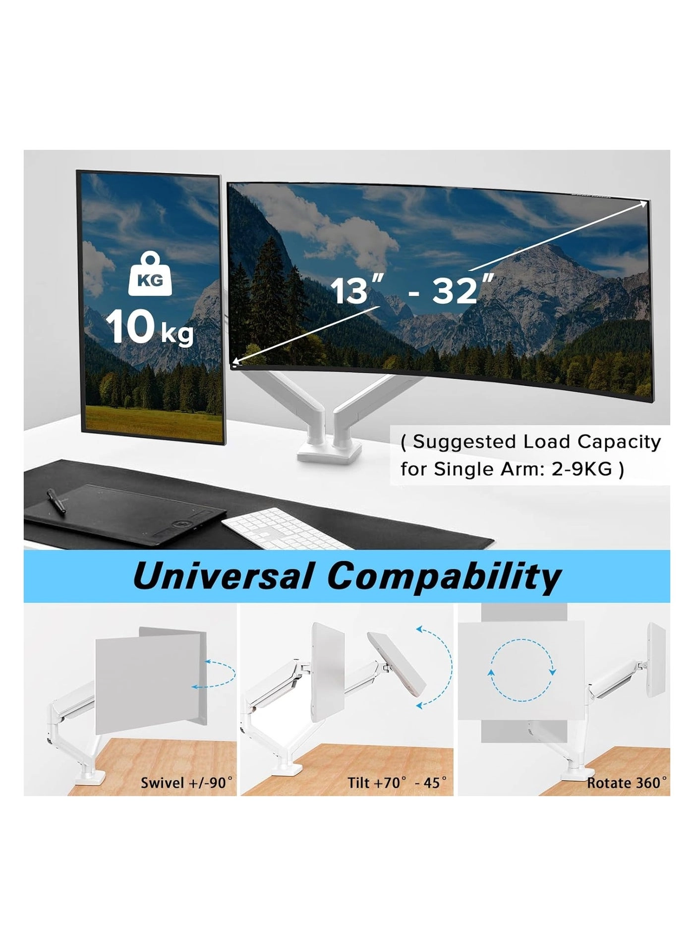 Dual Monitor Arm - two 13”-32” 75x75mm & 100x100mm