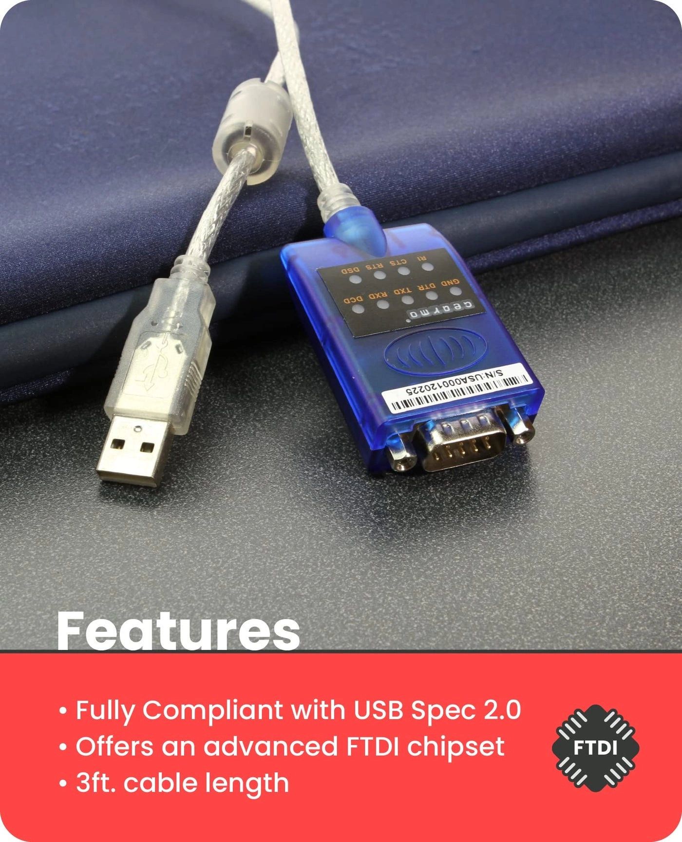 USB to Serial RS-232 Adapter - LED Indicators FTDI Chipset