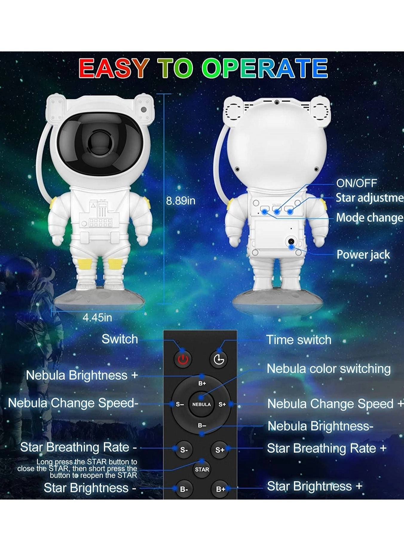 Star Projector Galaxy Night Light - Astronaut Starry Nebula Remote Control Timer