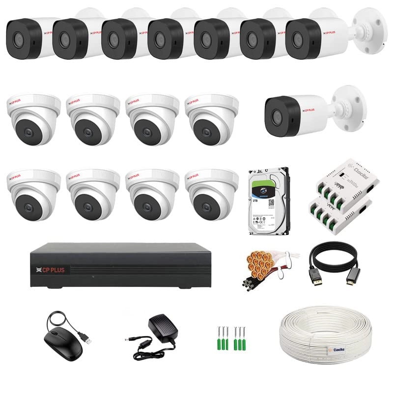 CP Plus 16CH DVR + 5MP Dome Camera + 5MP Bullet Camera + 2TB HDD + Copper Cable Roll + 8CH Power Supply + BNC & DC Combo Kit