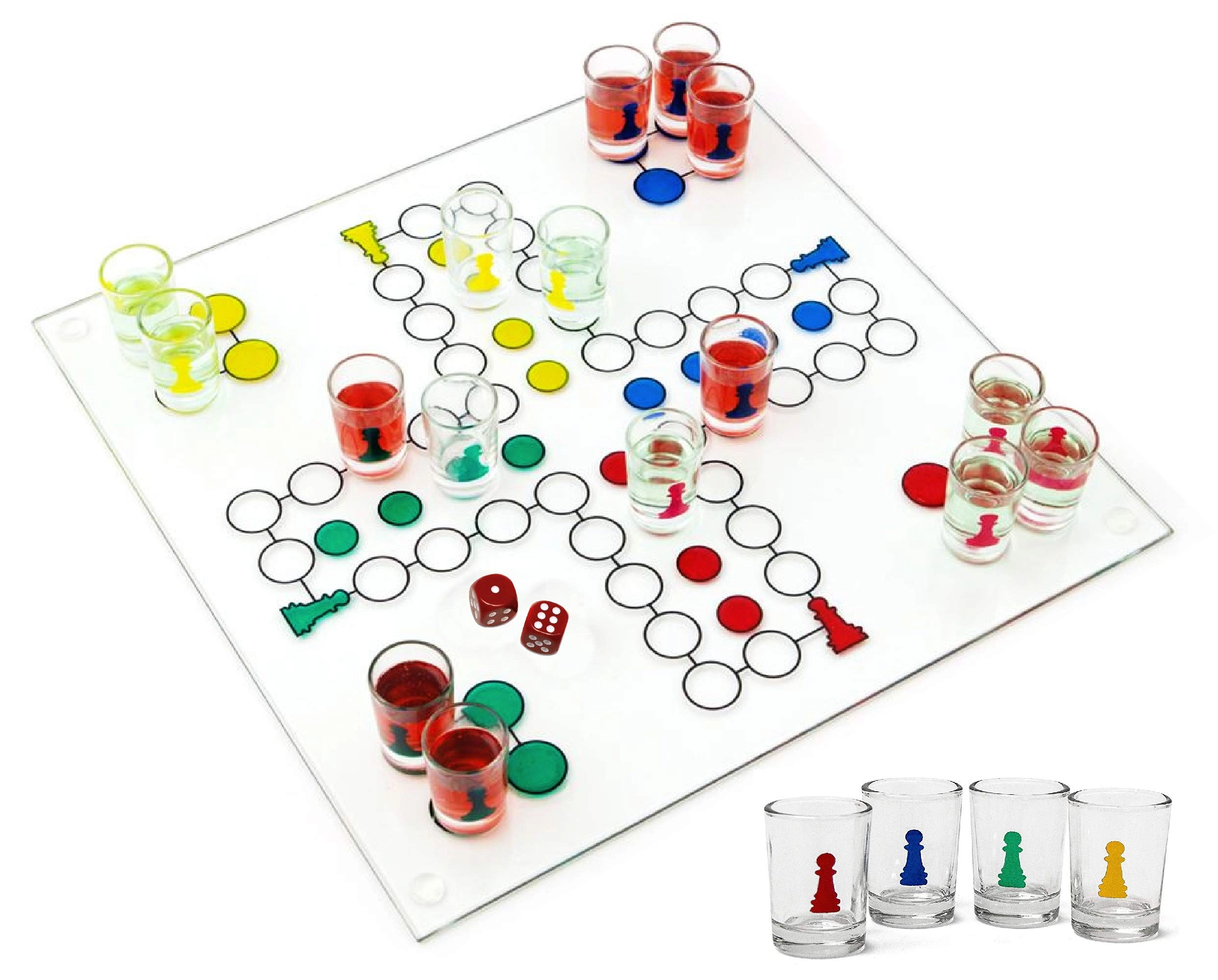 Matty's Toy Stop Ludo Drinking Game - 16 Shot Glasses 2 Dice Glass Game Board