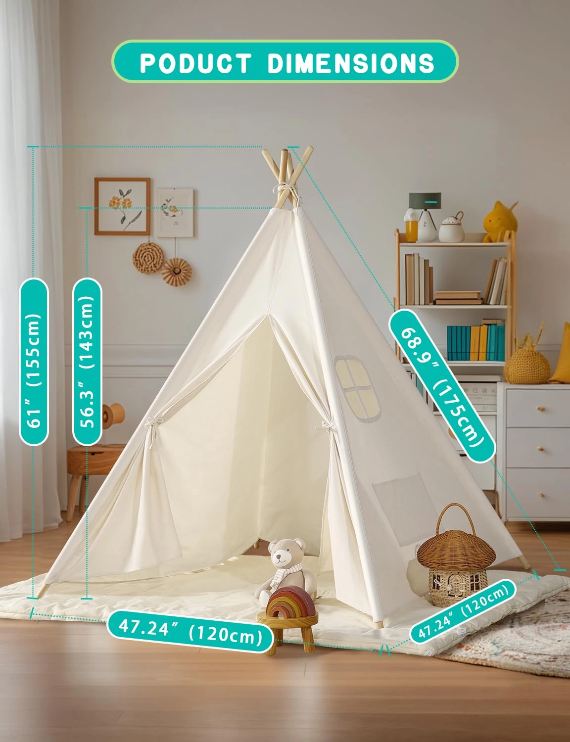 Kids Teepee Tent - 120 x 120 x 155cm Off-white