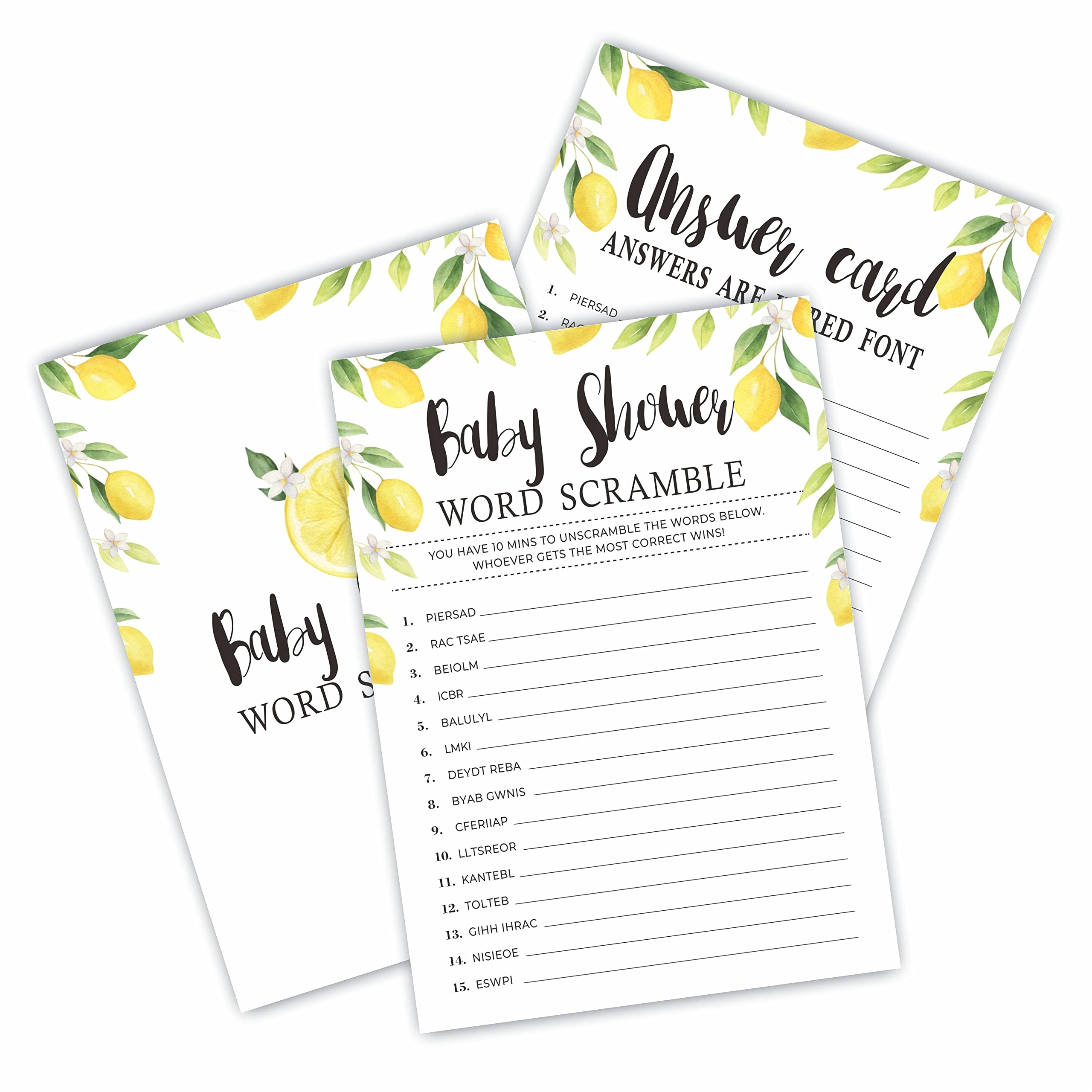Watercolor Lemon Baby Shower Game Cards - 30 pieces Adult
