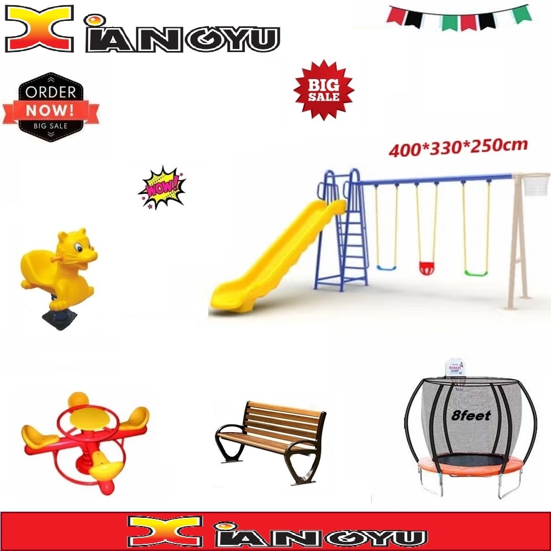 Spring Rider + Round Trampoline - 8FT + Caterpillar Tunnel + Slide and Swing Playground Set + Two Seater Seesaw