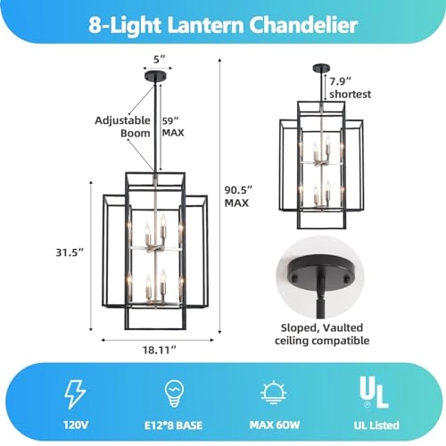 8-Light Lantern Chandelier - 31.5 in Black & Silver