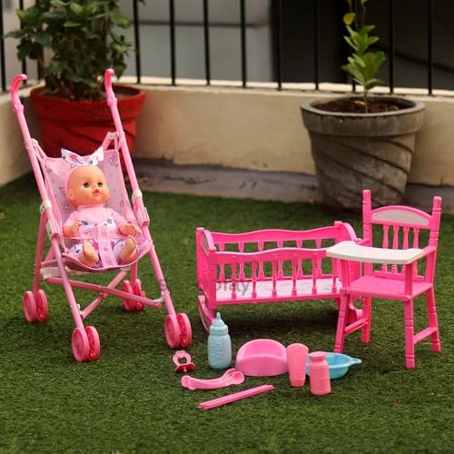 Interactive Baby Doll - 3 in 1 Multicolor + High Chair Cot + Stroller Character Playset