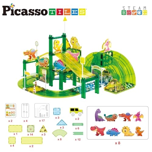 Dinosaur Magnetic Tile Race Car Track - 89 pcs