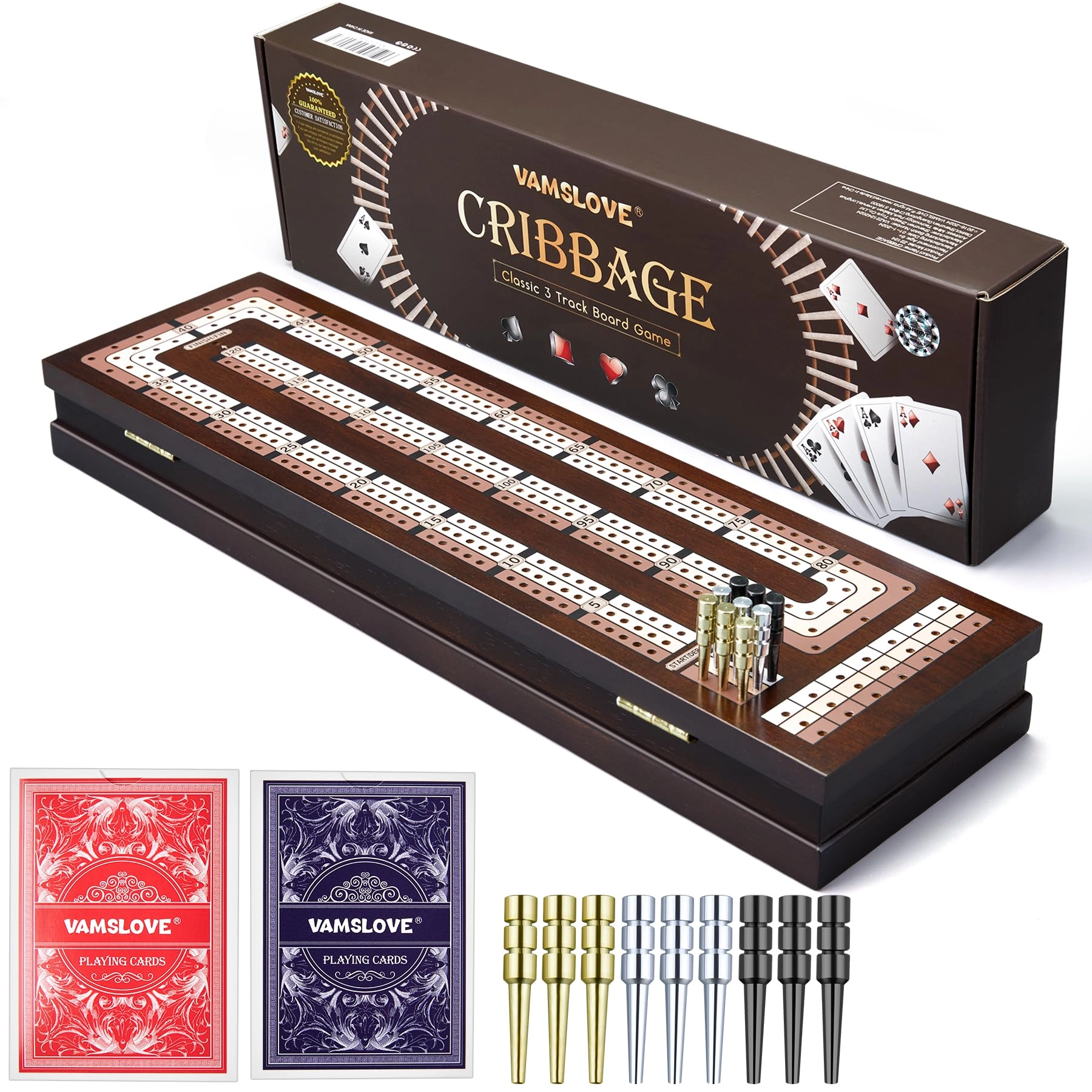 Vamslove Cribbage Board - Magnetic 3-Track Scoreboard 9 Metal Pegs
