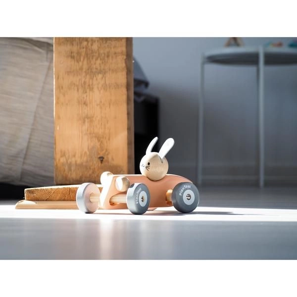 Bunny Racing Car - Wooden Vintage Pastel Rose