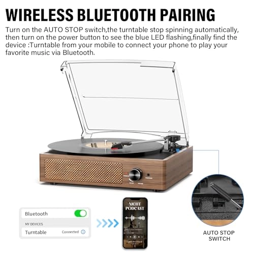 Record Player Turntable - Built-in Bluetooth 3-Speed 2 Stereo Speakers