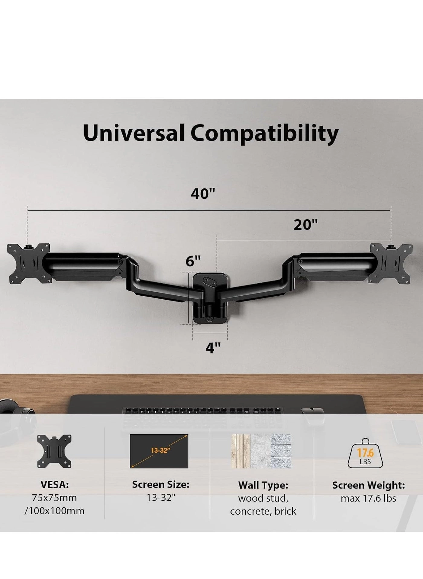 Dual Monitor Wall Mount - 2 Monitors 17-32 Inch VESA 75x75/100x100mm