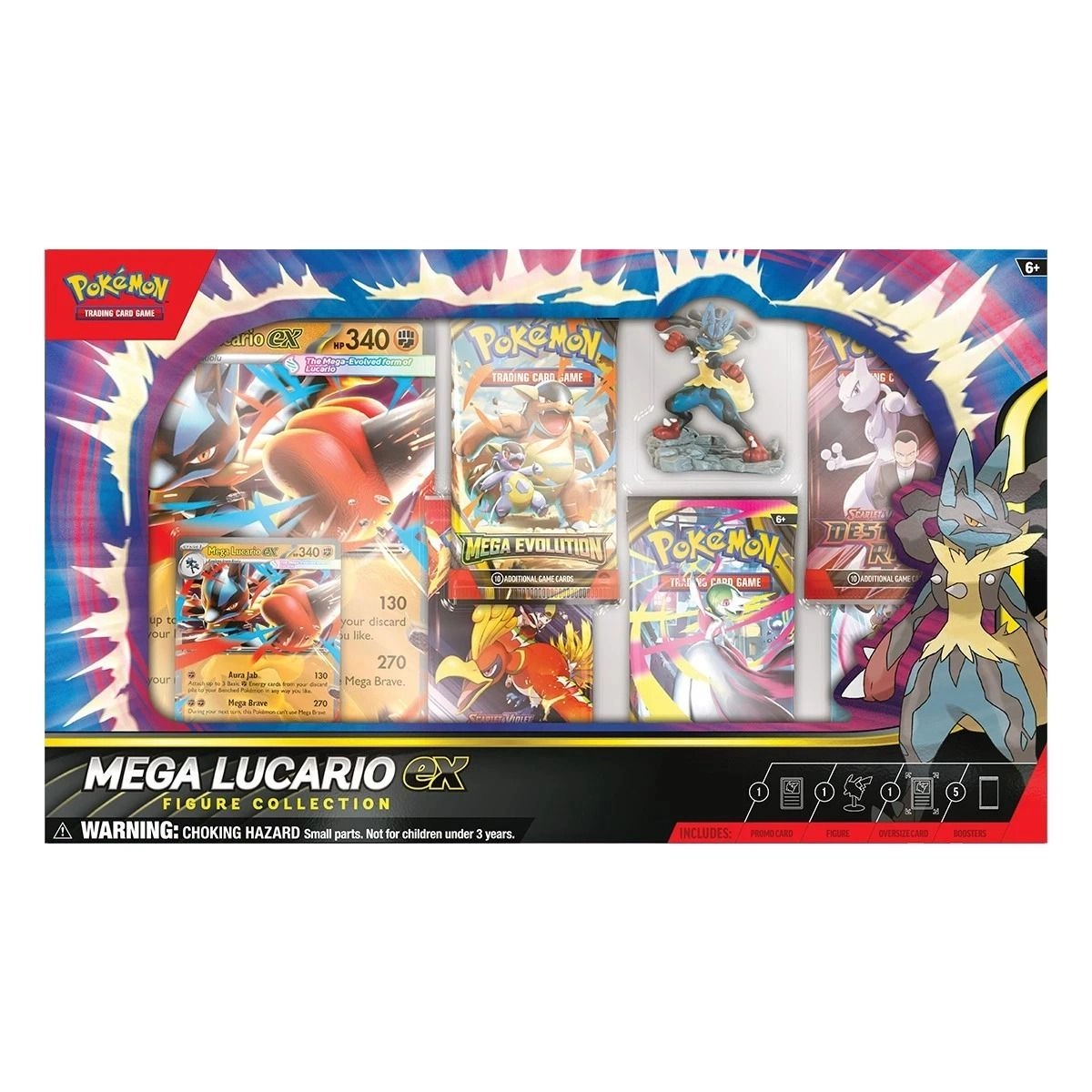 Mega Lucario ex holographic promo card + Mega Lucario ex extra-large promo card + Mega Lucario figure + TCG Upgrade Pack - 5pcs + Live TCG code card