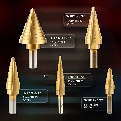 Step Drill Bit Set - 5 pieces high speed titanium 1/8" to 1-3/8"