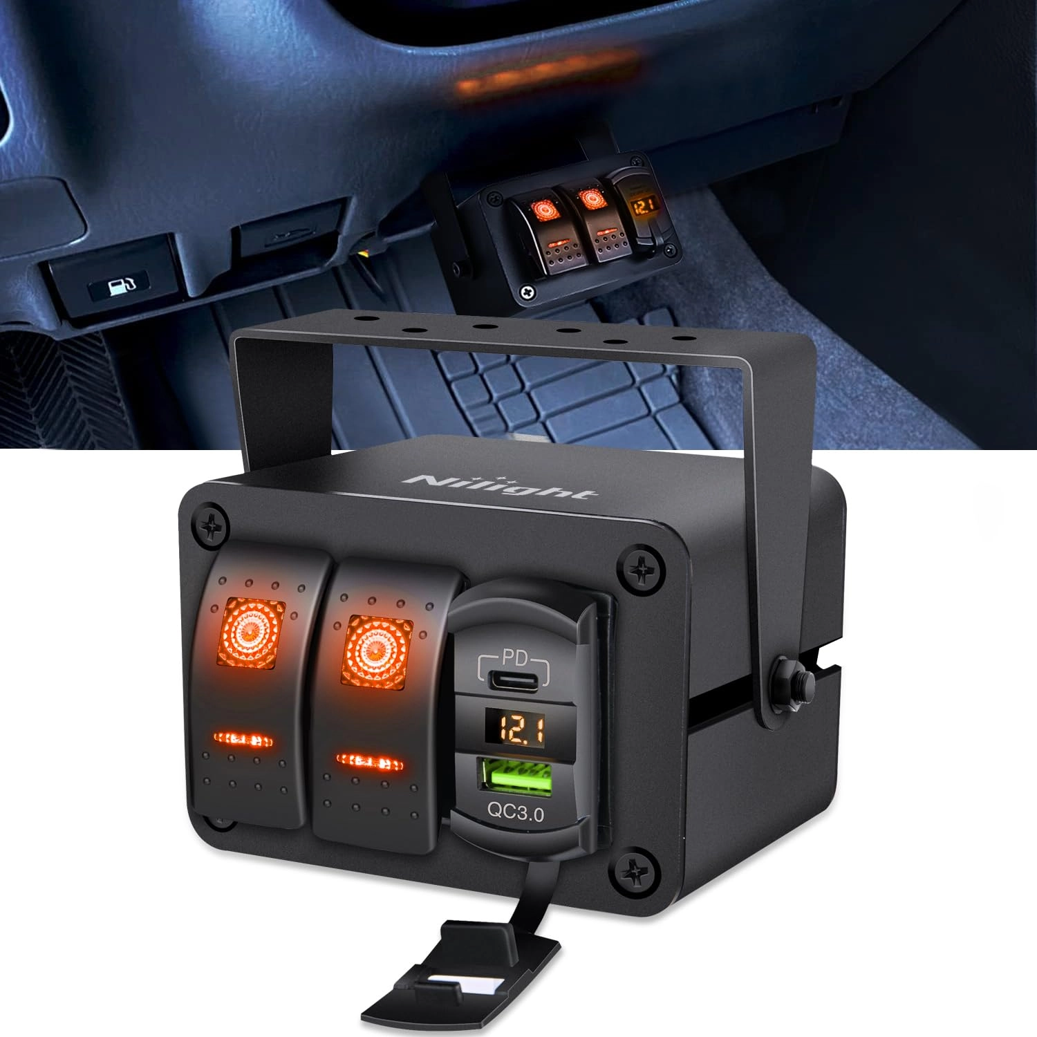 Nilight 90116C 2 Gang Rocker Switch Panel - 4.8 Amp Dual USB Charger Voltmeter