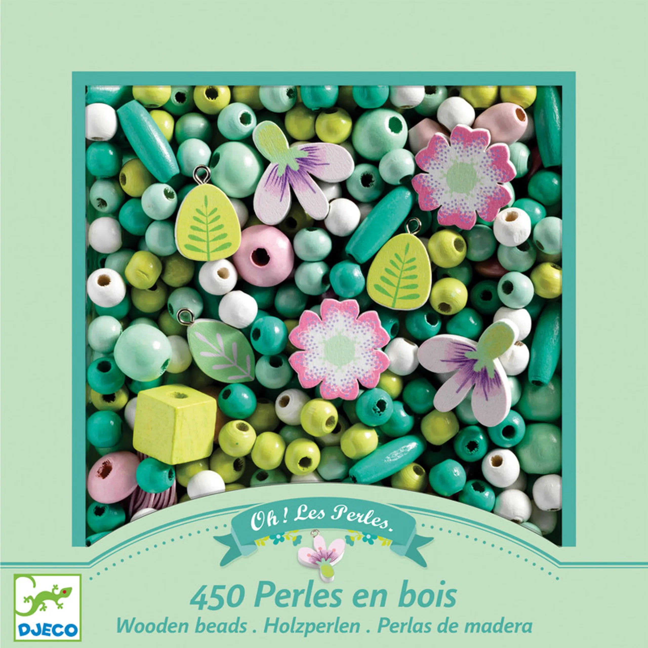 DJECO Wooden Bead Kit - 450 wooden beads 8 charms 6m elastic cord