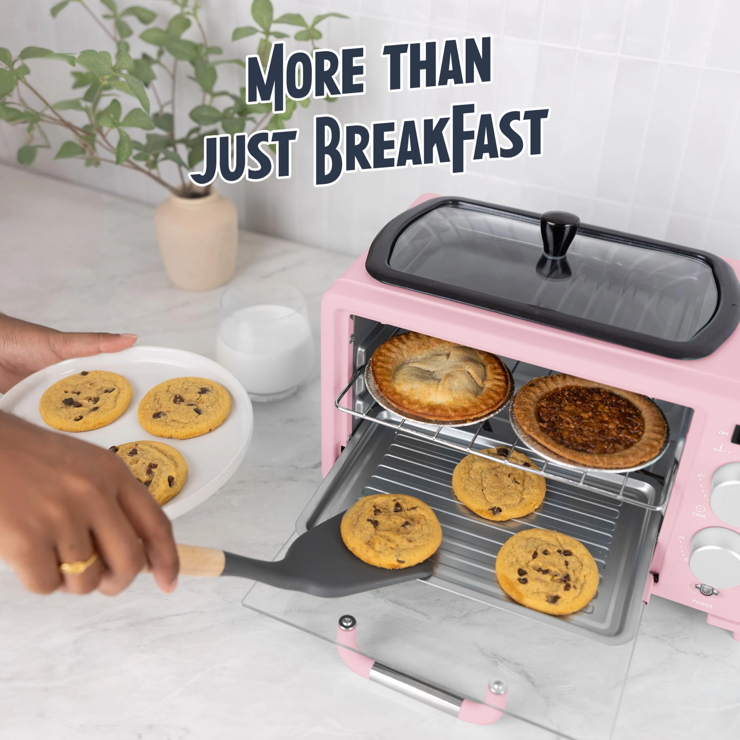 3-in-1 Retro Breakfast Station - 5 Cups Non-Stick Ceramic Griddle 4-Slice Toaster Oven