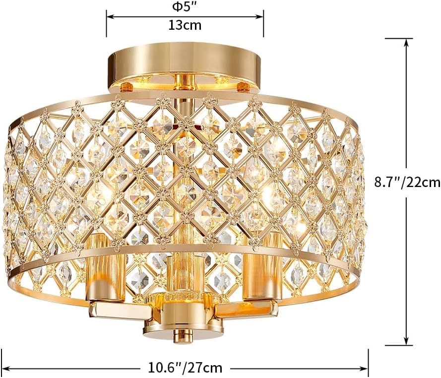 Crystal Chandelier - E14 x3 Sockets Diameter 27 x H22 cm Antique Brass Finish