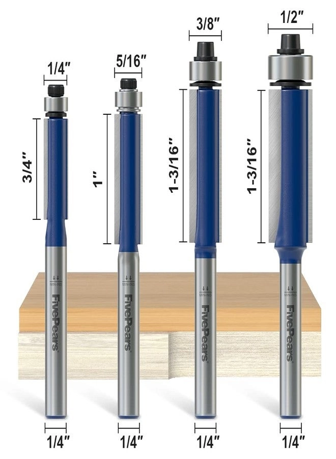 Flush Trim Router Bits - 1/4\", 5/16\", 3/8\", 1/2\" Diameter 1/4 Inch Shank 4Pcs