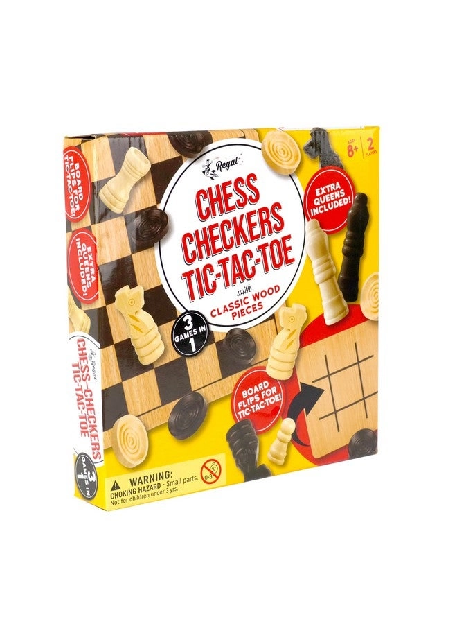 Reversible Wooden Board - Chess Checkers Tic-Tac-Toe