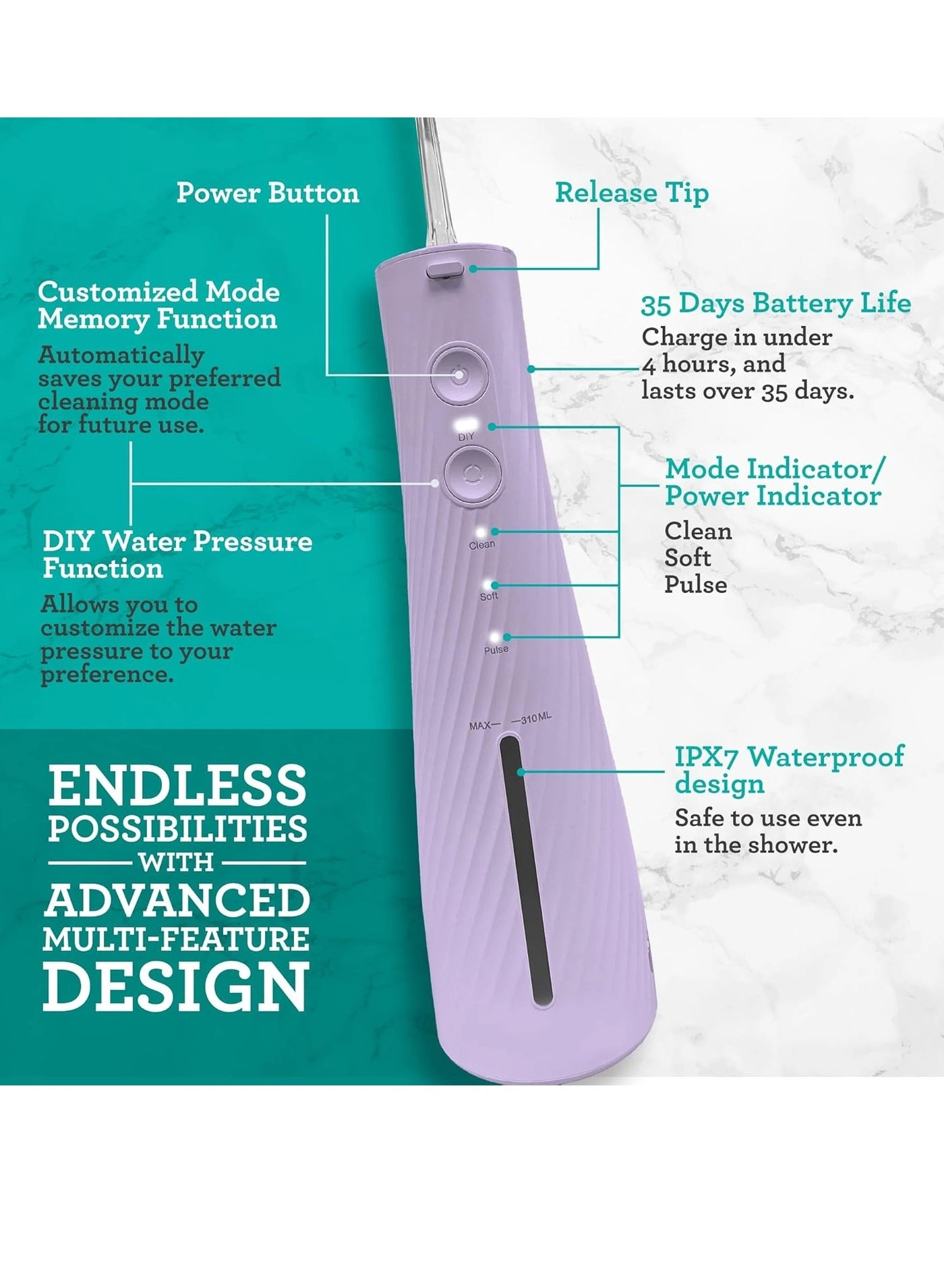 Lion & Lamb Kit 2.0 - 4 Brush Heads Lavender + Water Flosser - 4 Jet Tips IPX7 Waterproof