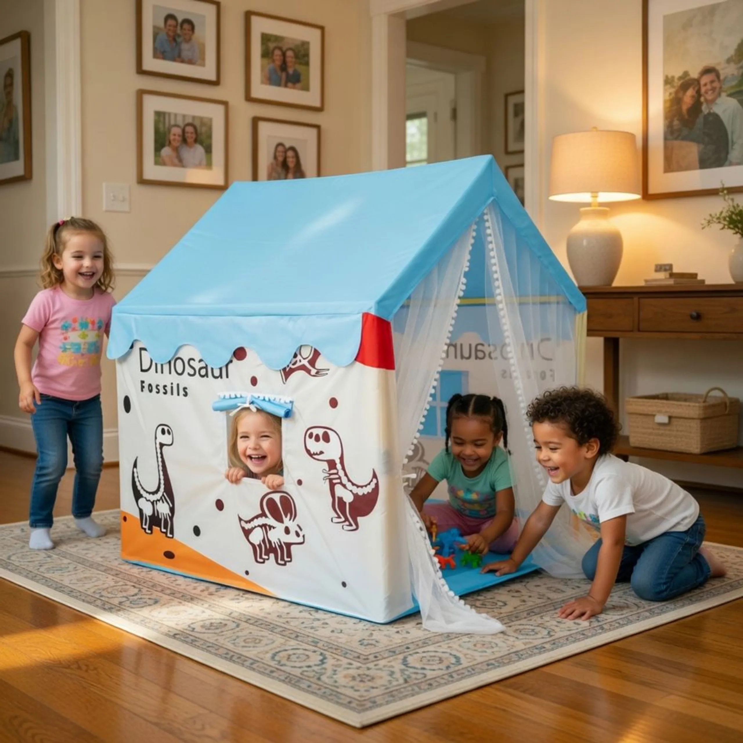 Kids Play Tent House - With Curtains Dinosaur Theme 120 x 120 x 150 cm